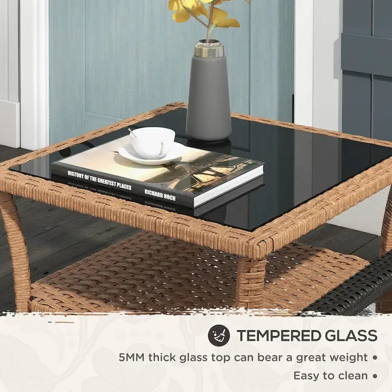 Table d'appoint en rotin, table d'appoint d'extérieur avec étagère de rangement, cadre carré en aluminium, table basse avec plateau en verre trempé