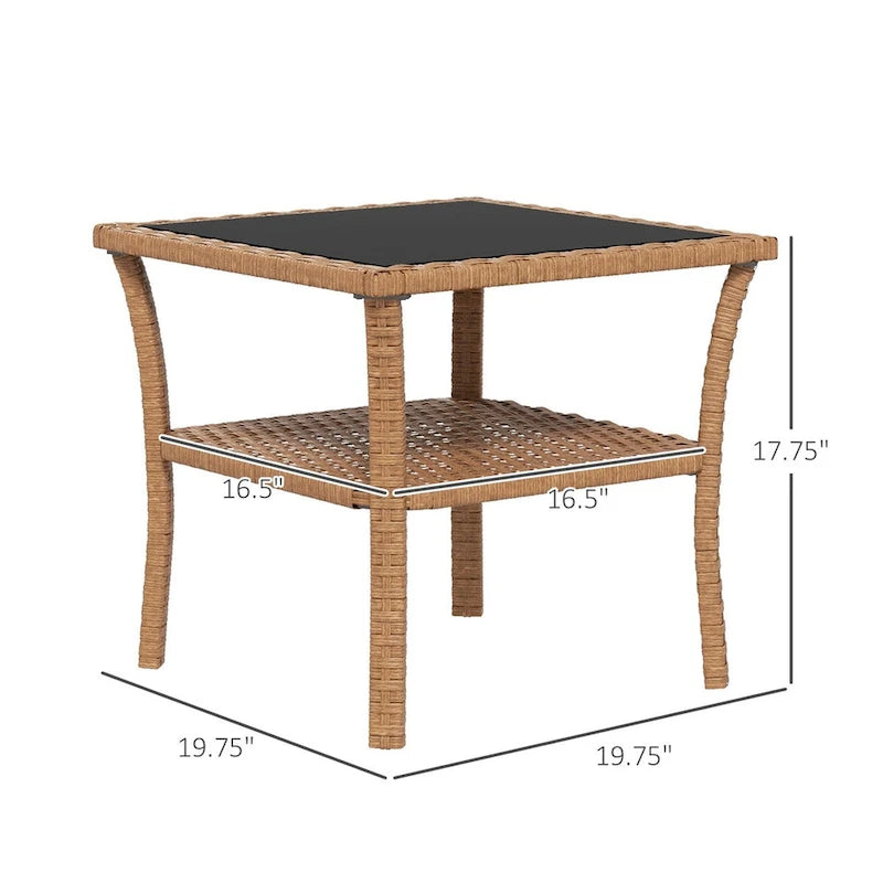 Table d'appoint en rotin, table d'appoint d'extérieur avec étagère de rangement, cadre carré en aluminium, table basse avec plateau en verre trempé