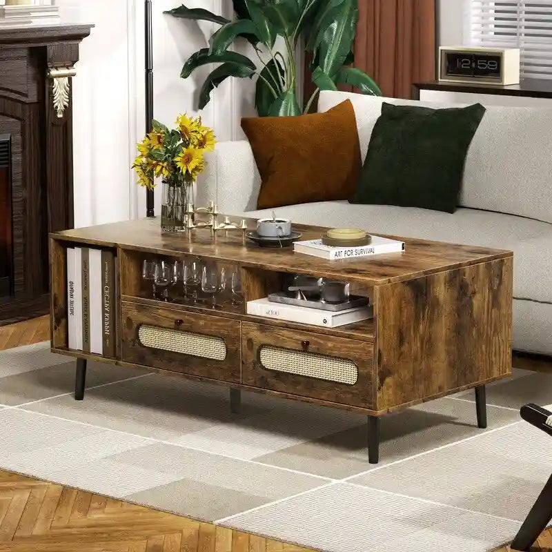 Table basse Mixoy, table basse moderne du milieu du siècle avec 3 étagères ouvertes et 2 compartiments de rangement pour salon - 120cm*60cm*50cm