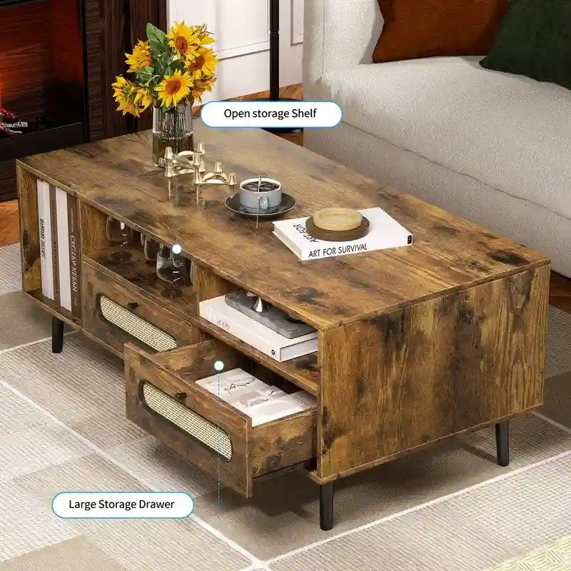 Table basse Mixoy, table basse moderne du milieu du siècle avec 3 étagères ouvertes et 2 compartiments de rangement pour salon - 120cm*60cm*50cm