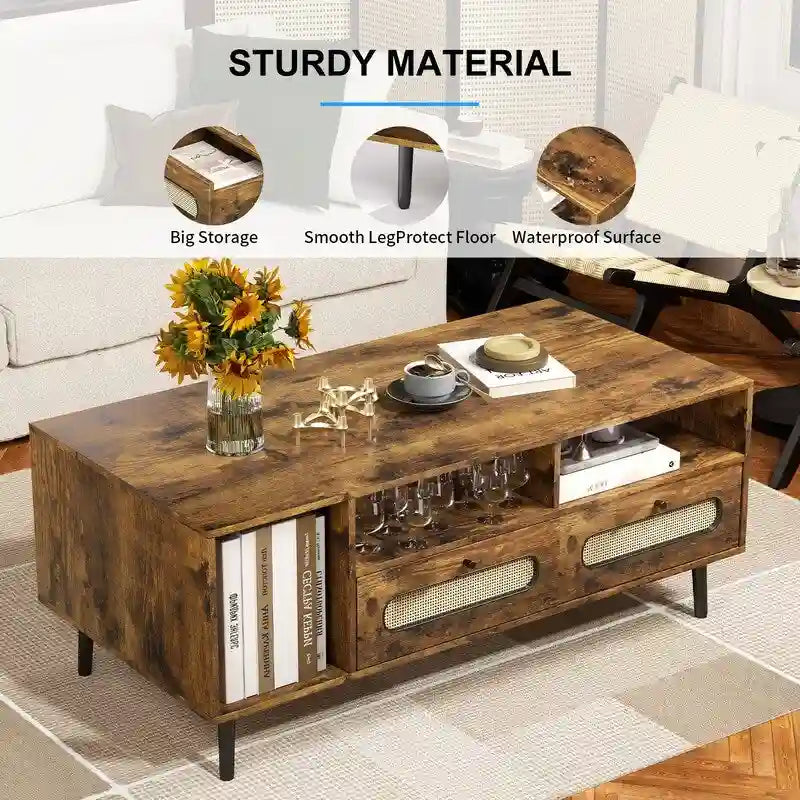 Table basse Mixoy, table basse moderne du milieu du siècle avec 3 étagères ouvertes et 2 compartiments de rangement pour salon - 120cm*60cm*50cm
