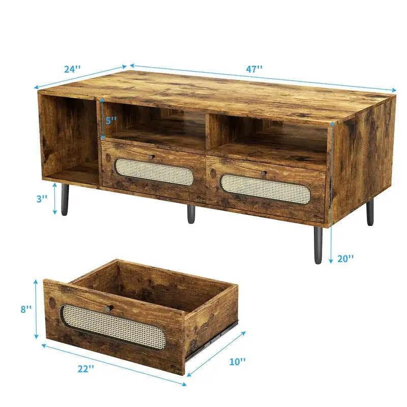 Table basse Mixoy, table basse moderne du milieu du siècle avec 3 étagères ouvertes et 2 compartiments de rangement pour salon - 120cm*60cm*50cm