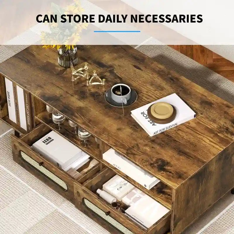 Table basse Mixoy, table basse moderne du milieu du siècle avec 3 étagères ouvertes et 2 compartiments de rangement pour salon - 120cm*60cm*50cm