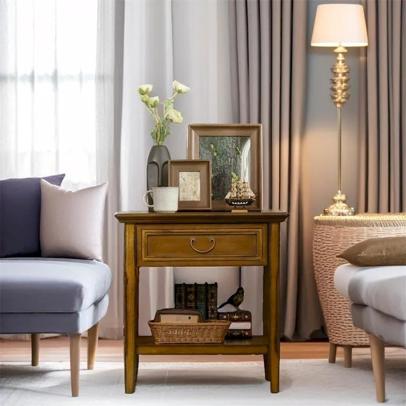 Side Table with Storage,Vintage End Table with Drawer and Open Shelf
