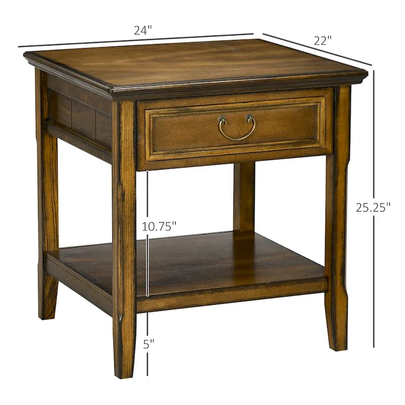 Table d'appoint avec rangement, Table de chevet vintage avec tiroir et étagère ouverte
