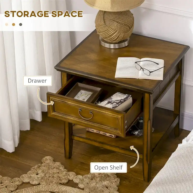Table d'appoint avec rangement, Table de chevet vintage avec tiroir et étagère ouverte
