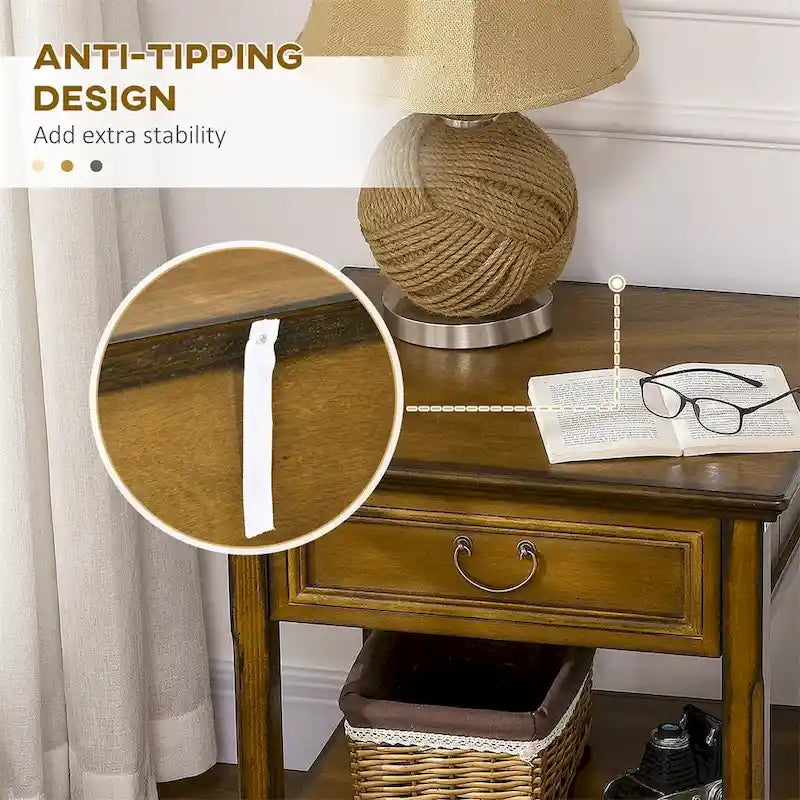 Table d'appoint avec rangement, Table de chevet vintage avec tiroir et étagère ouverte
