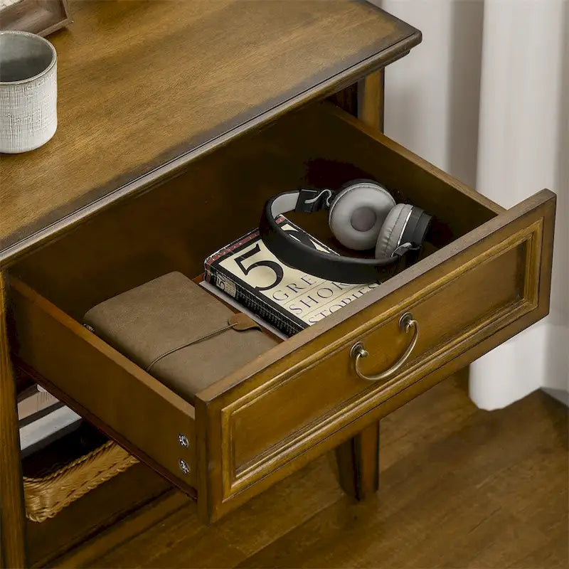 Table d'appoint avec rangement, Table de chevet vintage avec tiroir et étagère ouverte
