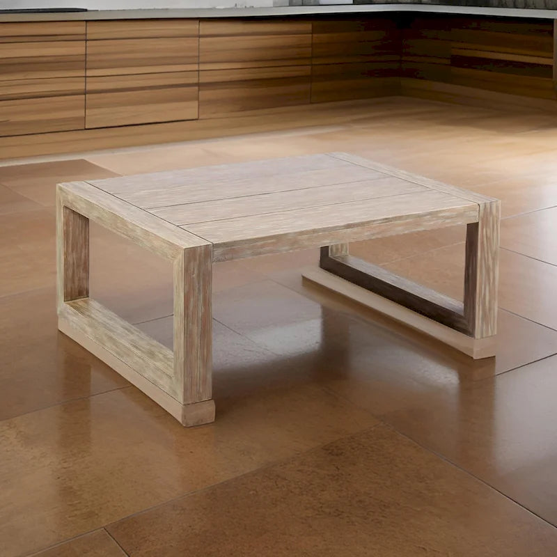 Table basse d'extérieur en bois, plateau à lattes, grise