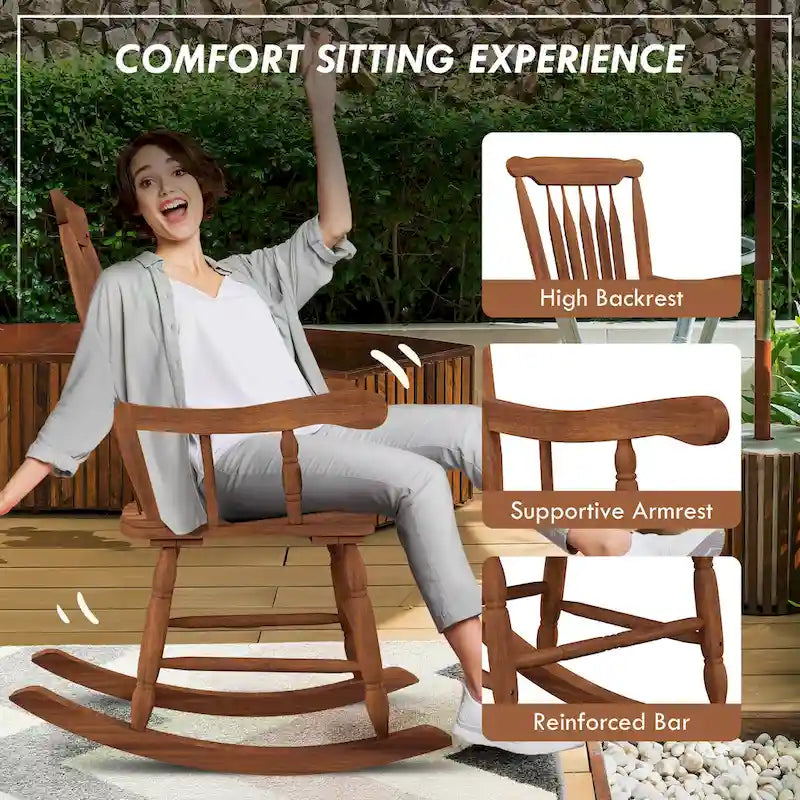Chaise à bascule d'extérieur en bois avec dossier haut