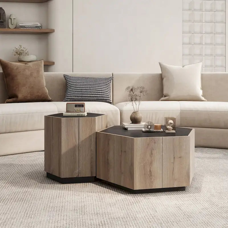 Oaks Aura Hexagonal Rural Style Garden Retro with Drawer, Corner Table, Bedside Table, Textured Black + Warm Oak