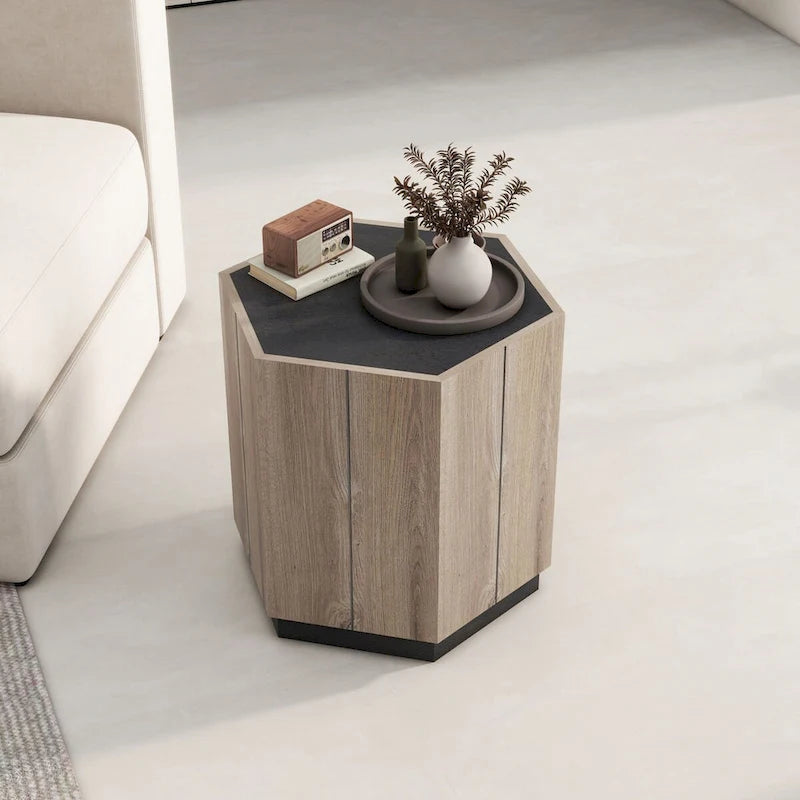 Oaks Aura Table d'appoint hexagonale de style rustique rétro avec tiroir, table de coin, table de chevet, noir texturé + chêne chaud