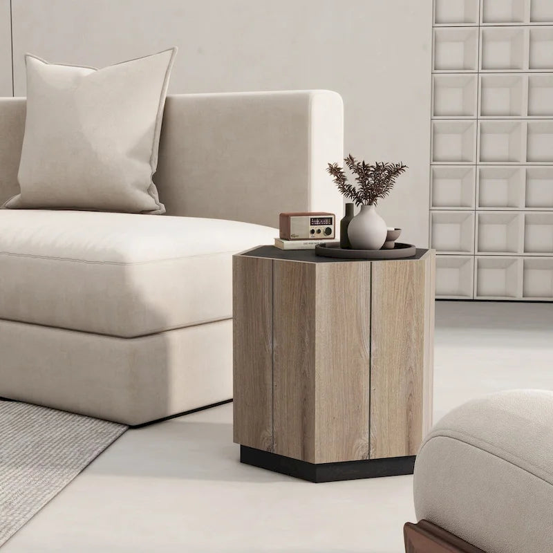 Oaks Aura Table d'appoint hexagonale de style rustique rétro avec tiroir, table de coin, table de chevet, noir texturé + chêne chaud
