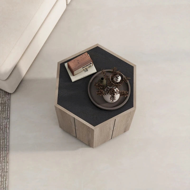 Oaks Aura Table d'appoint hexagonale de style rustique rétro avec tiroir, table de coin, table de chevet, noir texturé + chêne chaud
