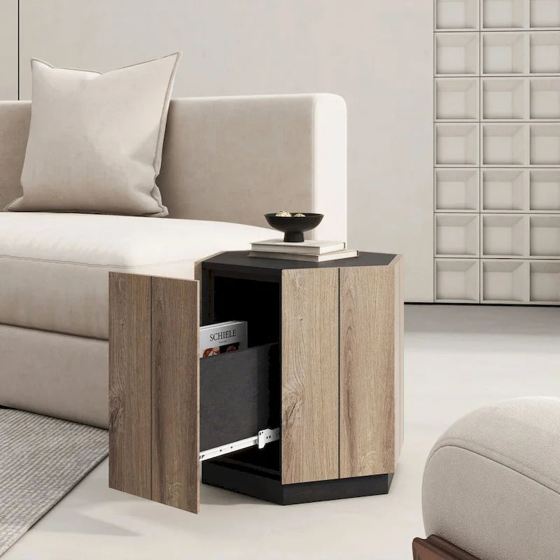 Oaks Aura Table d'appoint hexagonale de style rustique rétro avec tiroir, table de coin, table de chevet, noir texturé + chêne chaud