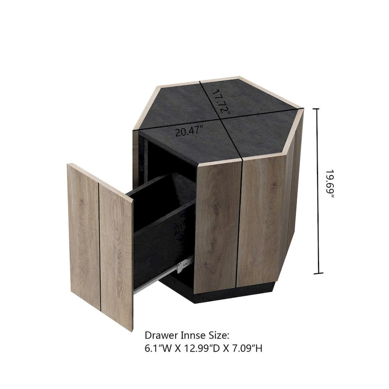 Oaks Aura Table d'appoint hexagonale de style rustique rétro avec tiroir, table de coin, table de chevet, noir texturé + chêne chaud