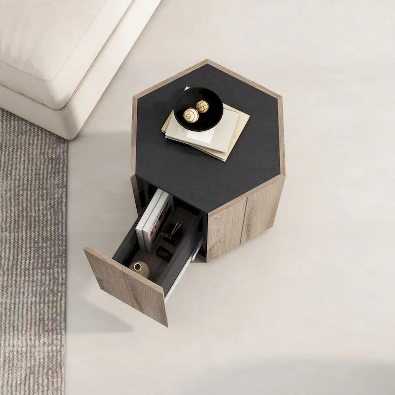 Oaks Aura Table d'appoint hexagonale de style rustique rétro avec tiroir, table de coin, table de chevet, noir texturé + chêne chaud