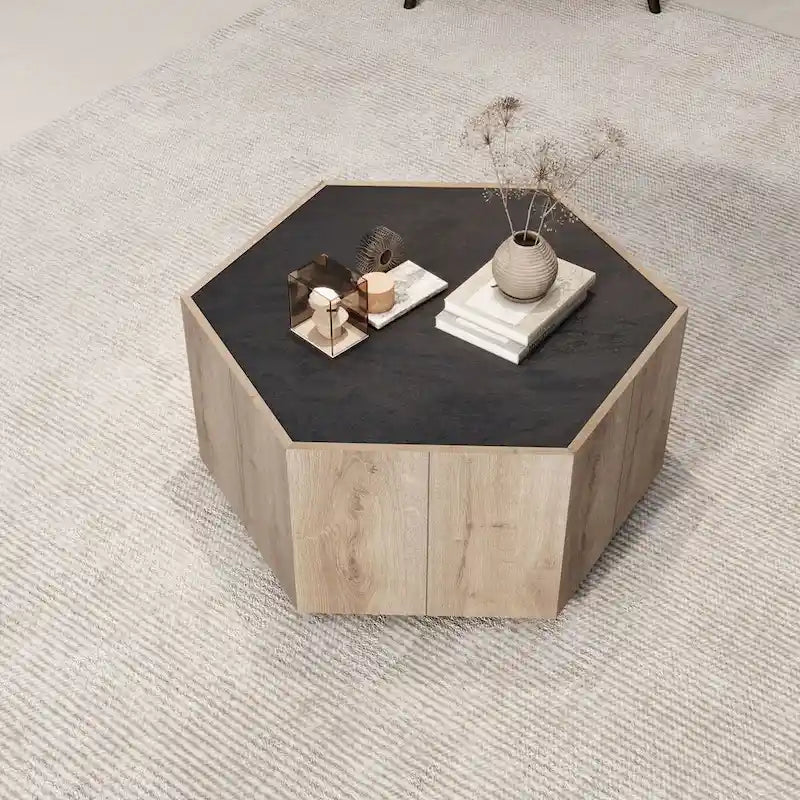 Oaks Aura Table d'appoint hexagonale de style rustique rétro avec tiroir, table de coin, table de chevet, noir texturé + chêne chaud