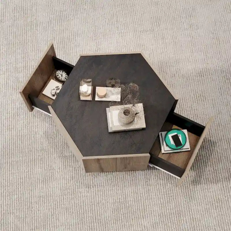 Oaks Aura Table d'appoint hexagonale de style rustique rétro avec tiroir, table de coin, table de chevet, noir texturé + chêne chaud