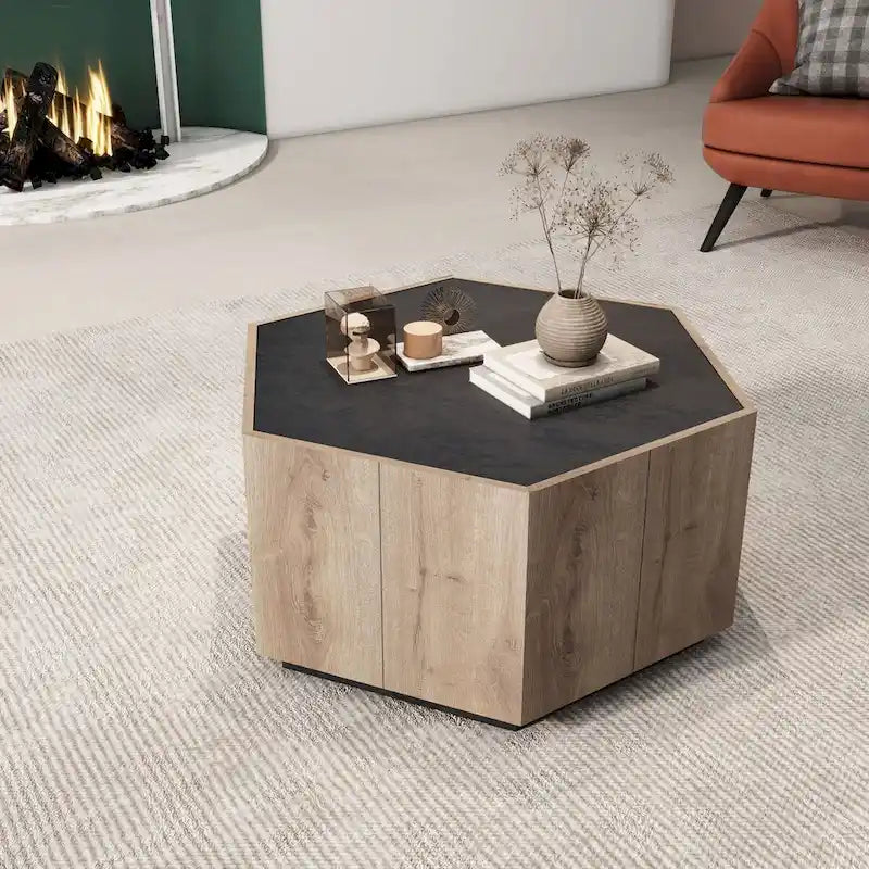 Oaks Aura Table d'appoint hexagonale de style rustique rétro avec tiroir, table de coin, table de chevet, noir texturé + chêne chaud