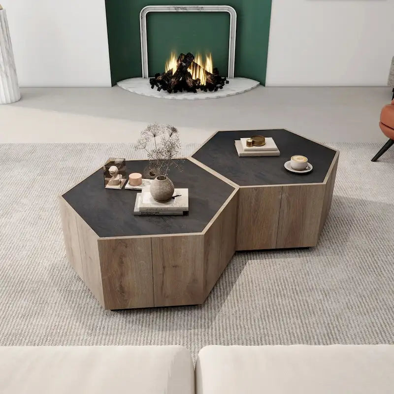 Oaks Aura Table d'appoint hexagonale de style rustique rétro avec tiroir, table de coin, table de chevet, noir texturé + chêne chaud
