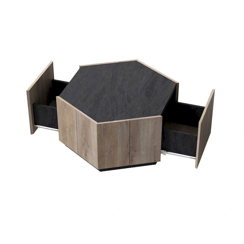 Oaks Aura Table d'appoint hexagonale de style rustique rétro avec tiroir, table de coin, table de chevet, noir texturé + chêne chaud