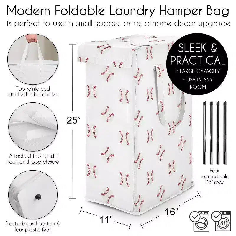 Panier à linge pliable pour garçon avec poignées, imprimé baseball rouge et blanc