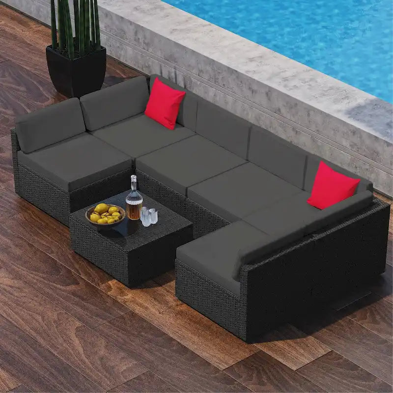 Ensemble de meubles de patio en osier 7 pièces Nestl - Ensembles de conversation d'extérieur avec sectionnel de patio