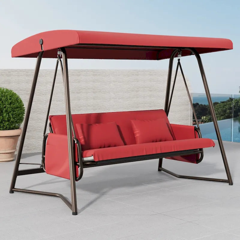 Outdoor Patio 3 Seaters Metal Swing Chair Swing Bed, with Cushion and Adjustable Canopy