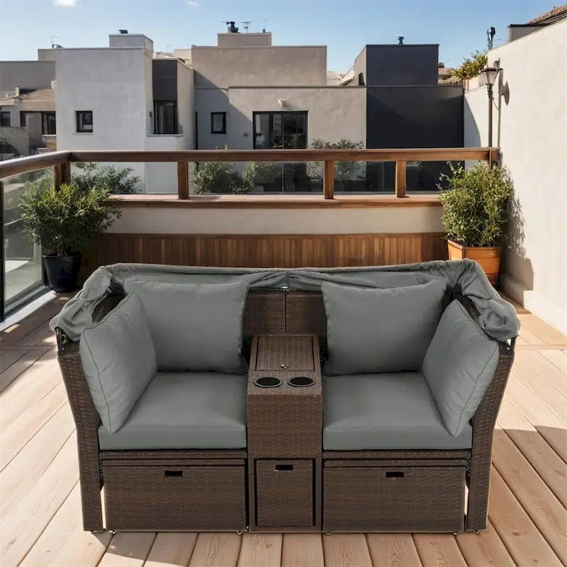 Outdoor Loveseat Sofa with Foldable Awning and Cushions,Cup Holders