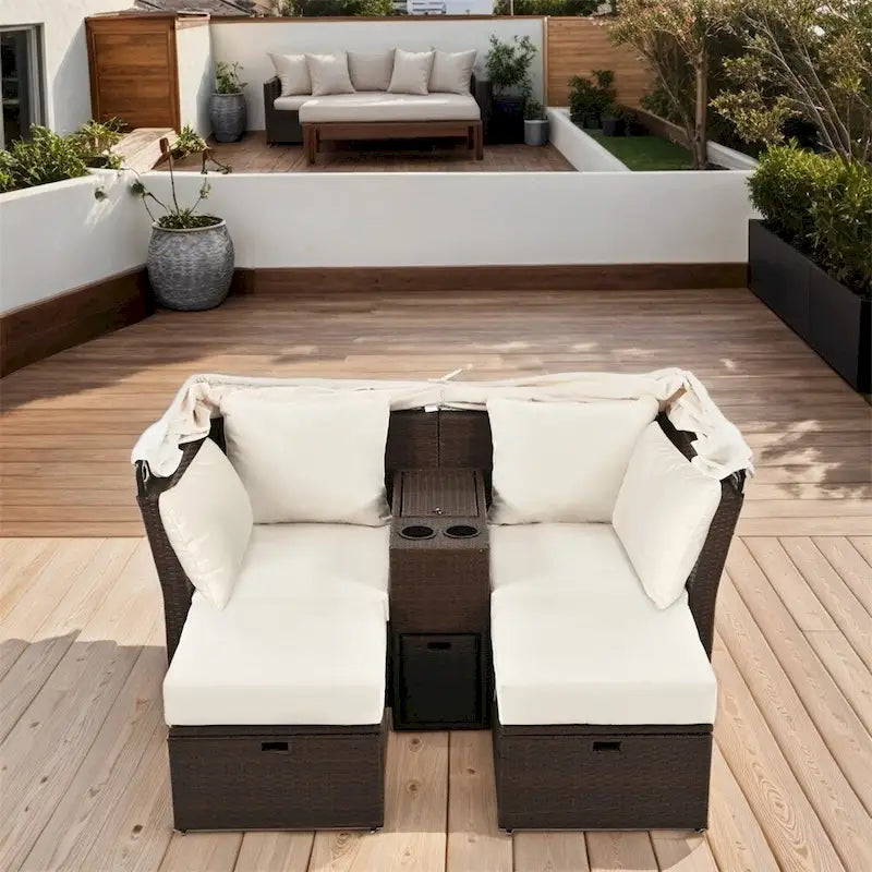 Canapé causeuse d'extérieur avec auvent pliable, coussins et porte-gobelets