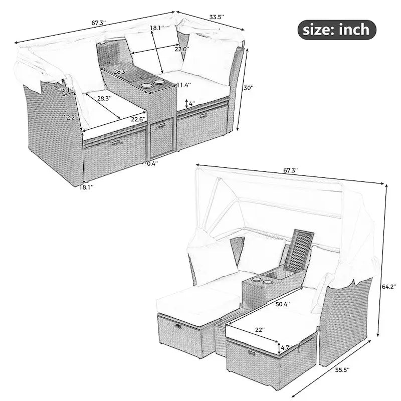 Canapé causeuse d'extérieur avec auvent pliable, coussins et porte-gobelets