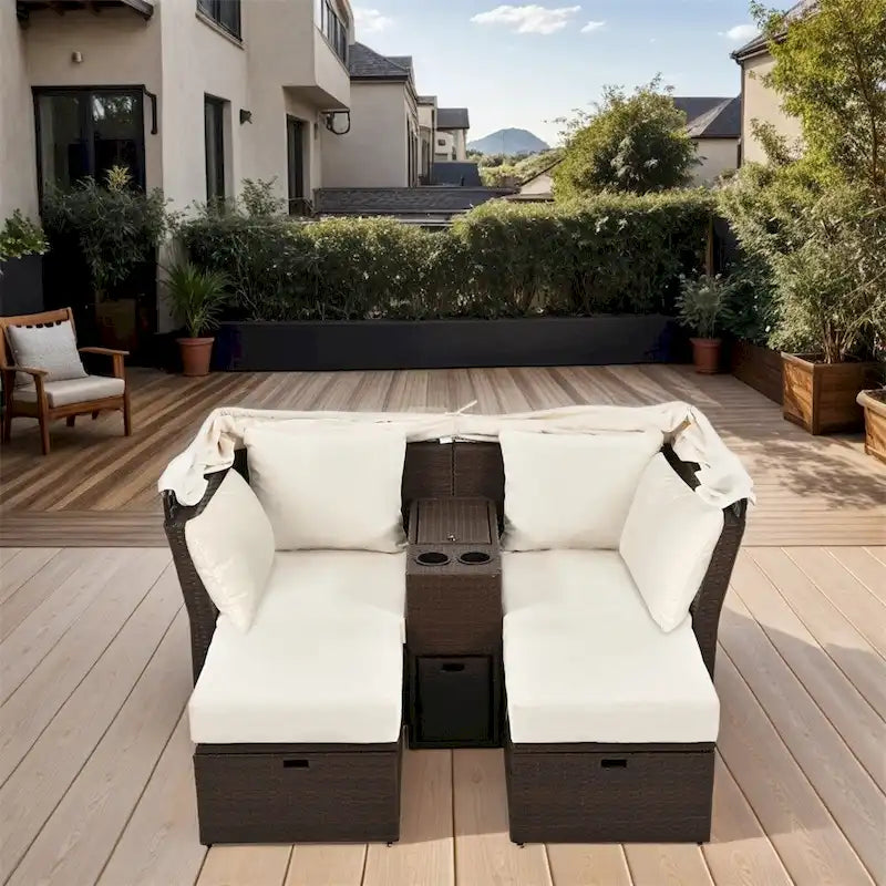 Canapé causeuse d'extérieur avec auvent pliable, coussins et porte-gobelets