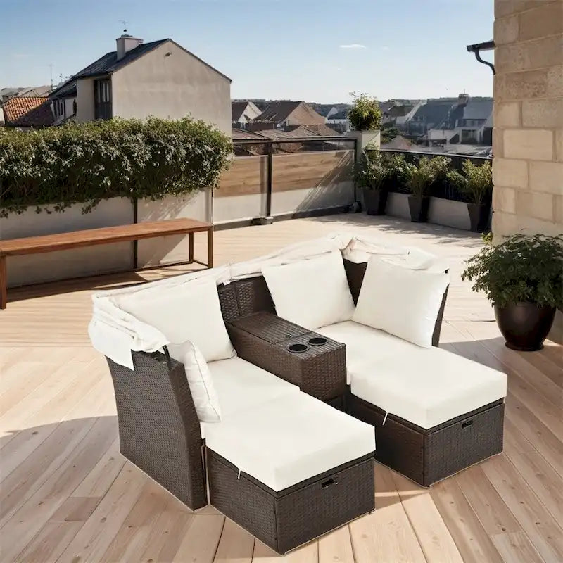Canapé causeuse d'extérieur avec auvent pliable, coussins et porte-gobelets