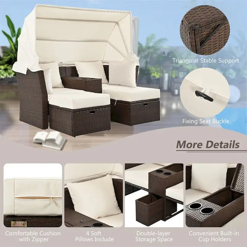 Canapé causeuse d'extérieur avec auvent pliable, coussins et porte-gobelets