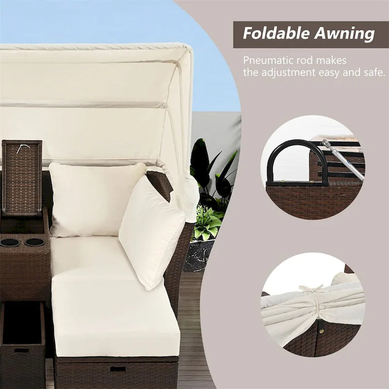 Canapé causeuse d'extérieur avec auvent pliable, coussins et porte-gobelets
