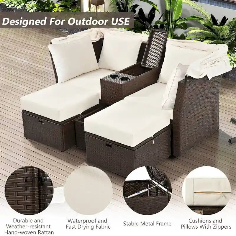 Canapé causeuse d'extérieur avec auvent pliable, coussins et porte-gobelets