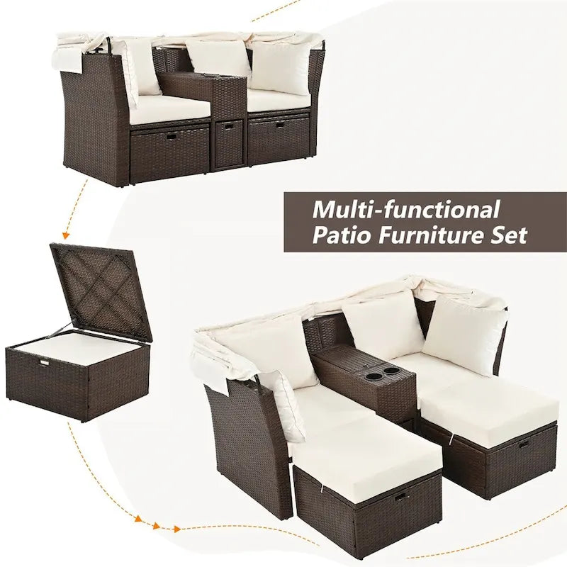 Canapé causeuse d'extérieur avec auvent pliable, coussins et porte-gobelets