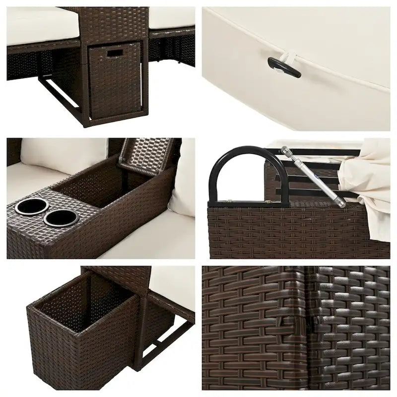 Canapé causeuse d'extérieur avec auvent pliable, coussins et porte-gobelets