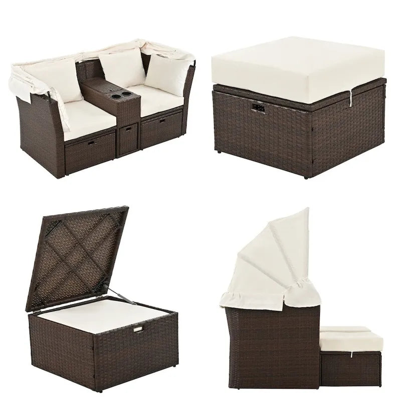 Canapé causeuse d'extérieur avec auvent pliable, coussins et porte-gobelets