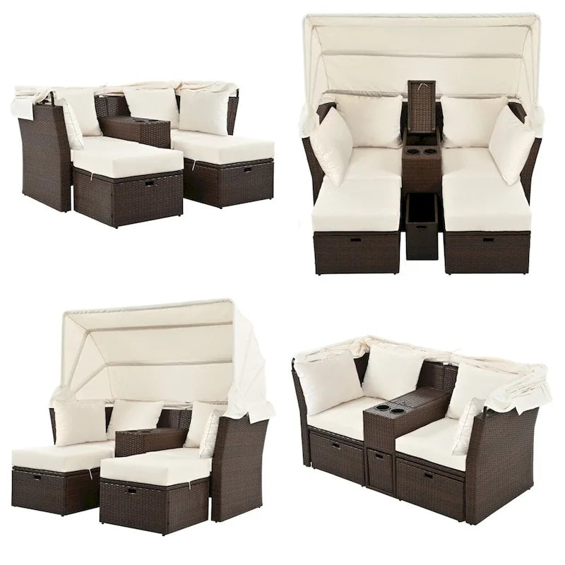 Canapé causeuse d'extérieur avec auvent pliable, coussins et porte-gobelets