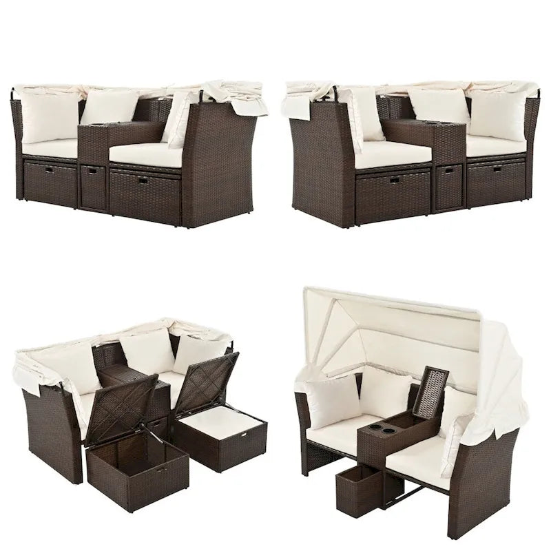 Canapé causeuse d'extérieur avec auvent pliable, coussins et porte-gobelets