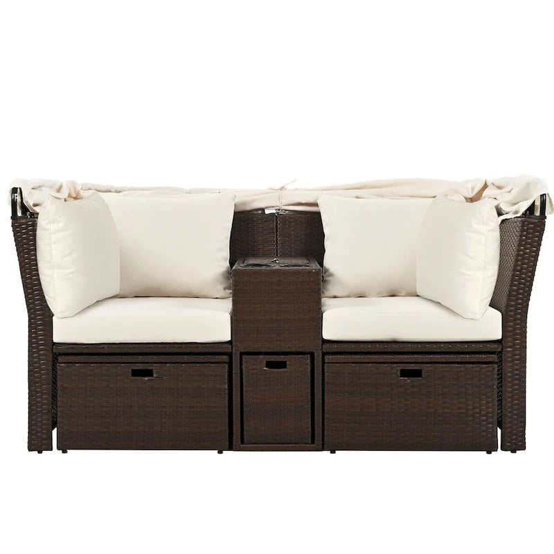Canapé causeuse d'extérieur avec auvent pliable, coussins et porte-gobelets