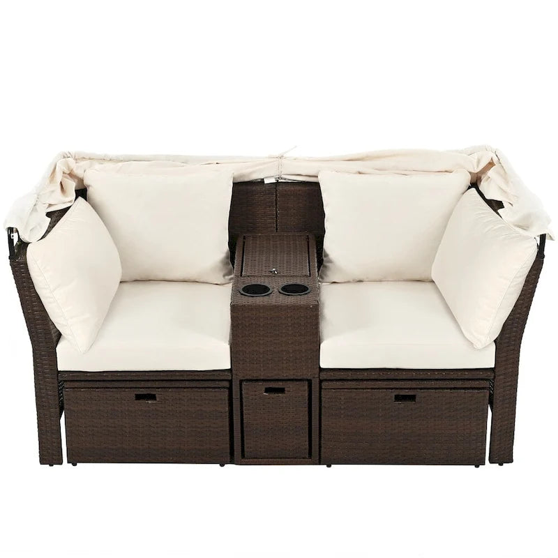 Canapé causeuse d'extérieur avec auvent pliable, coussins et porte-gobelets