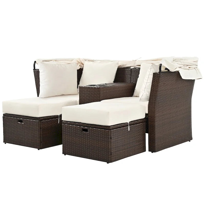 Canapé causeuse d'extérieur avec auvent pliable, coussins et porte-gobelets
