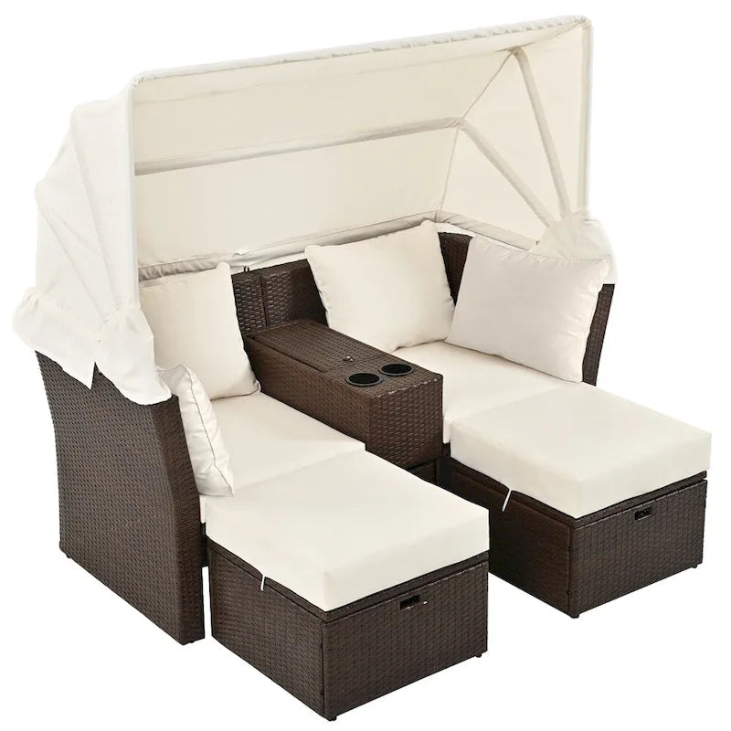 Canapé causeuse d'extérieur avec auvent pliable, coussins et porte-gobelets
