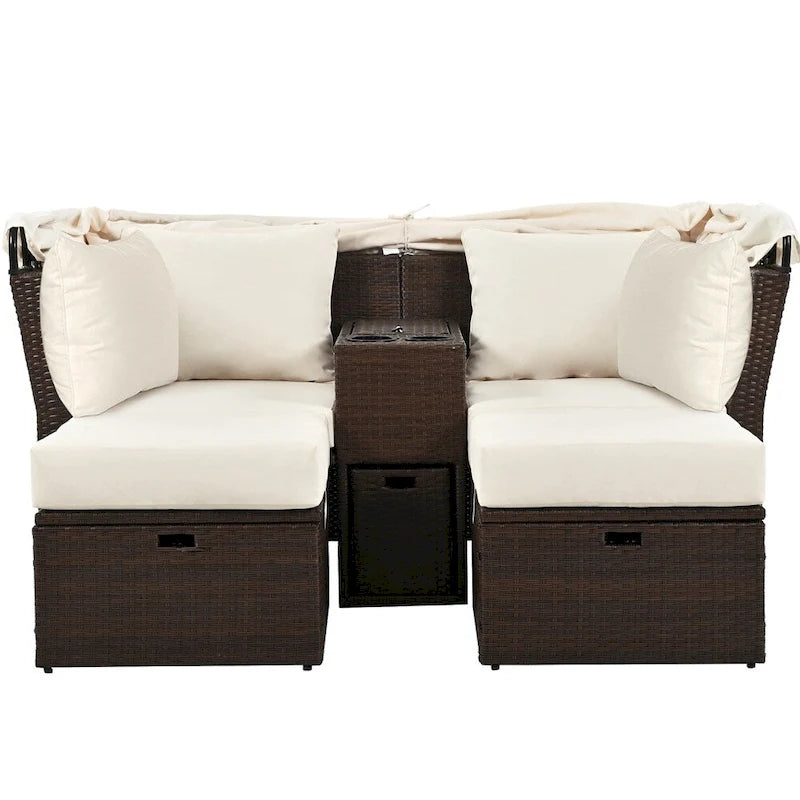 Canapé causeuse d'extérieur avec auvent pliable, coussins et porte-gobelets