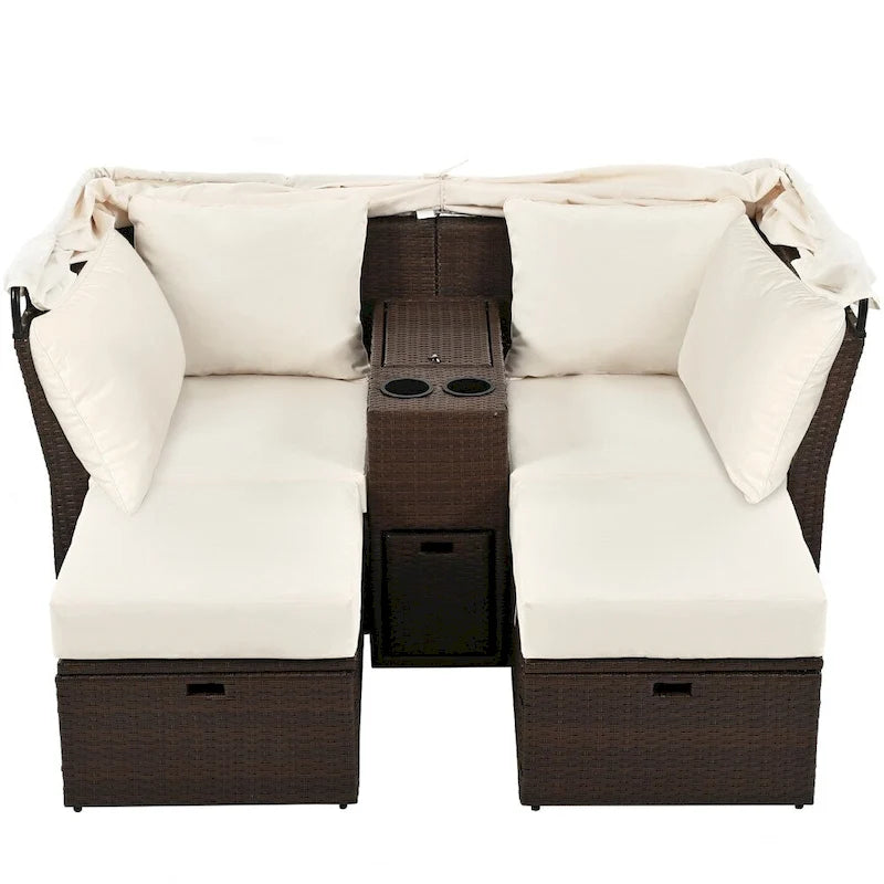 Canapé causeuse d'extérieur avec auvent pliable, coussins et porte-gobelets