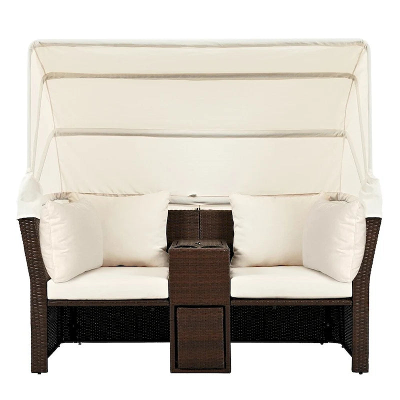 Canapé causeuse d'extérieur avec auvent pliable, coussins et porte-gobelets