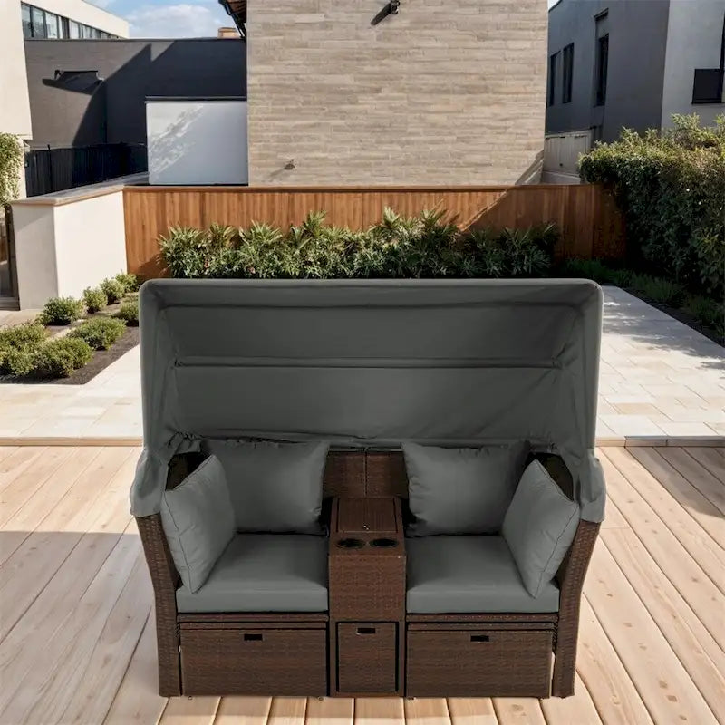 Canapé causeuse d'extérieur avec auvent pliable, coussins et porte-gobelets